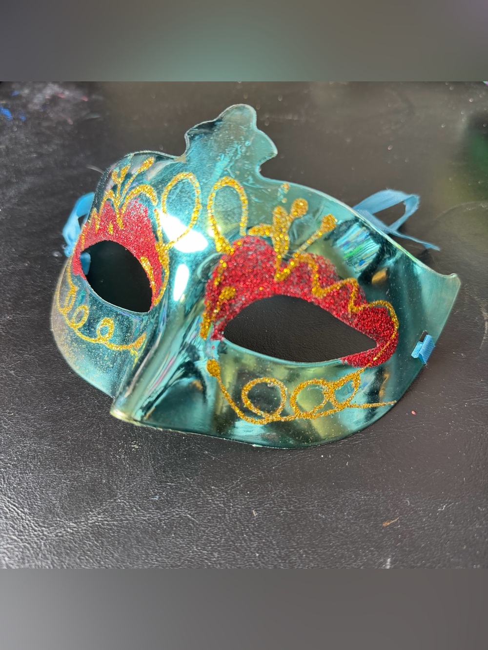 Venetian Teal Blue Glitter Hard Plastic Eye Mask Pointed Nose Ribbon Tie